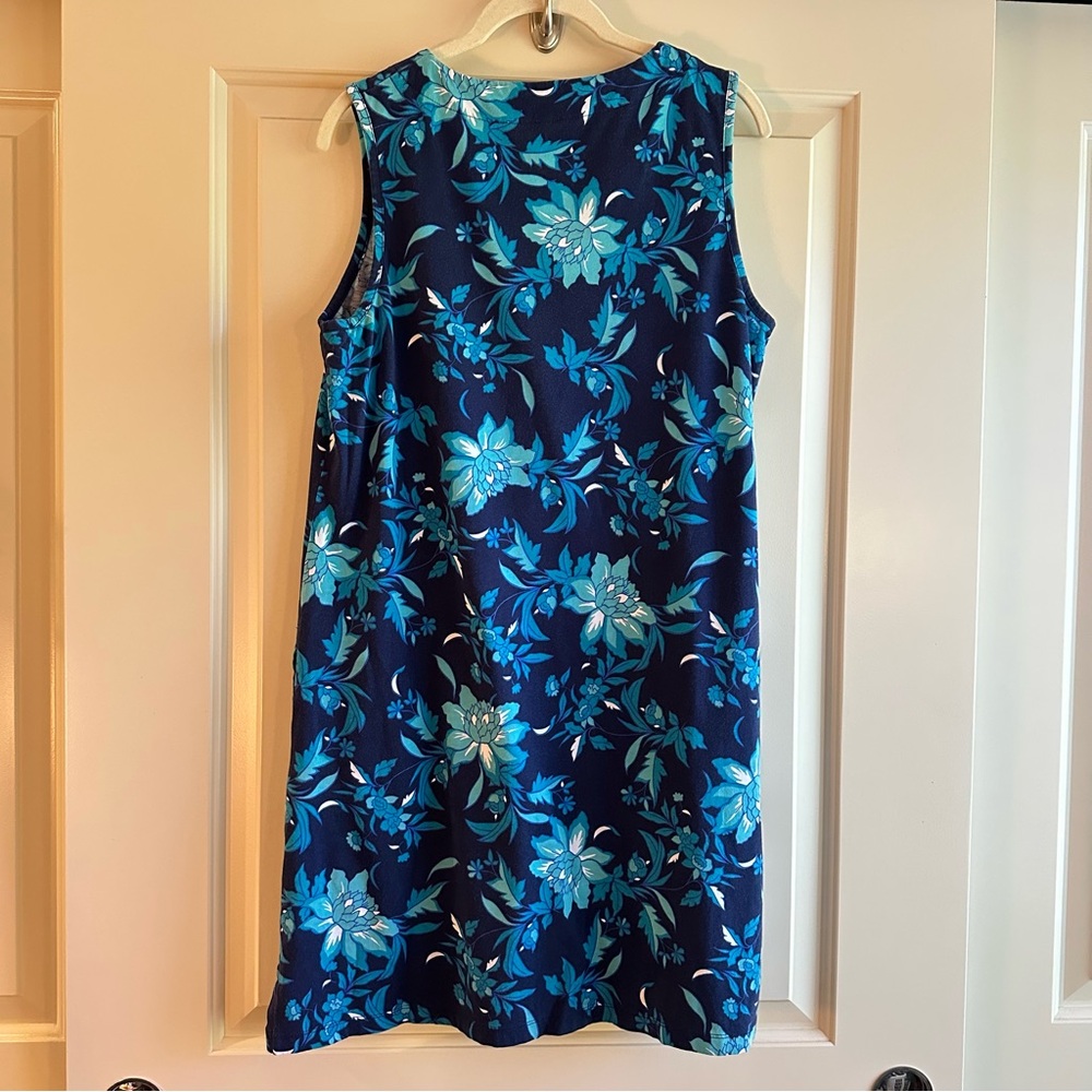 Women's Land’s End Blue Print Cotton Jersey Notch Neck Dress size M (10-12) - Picture 2 of 4